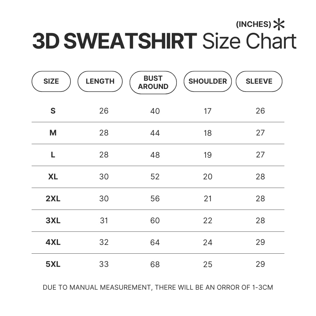 3D Sweatshirt Size Chart - Chainsaw Man Merchandise