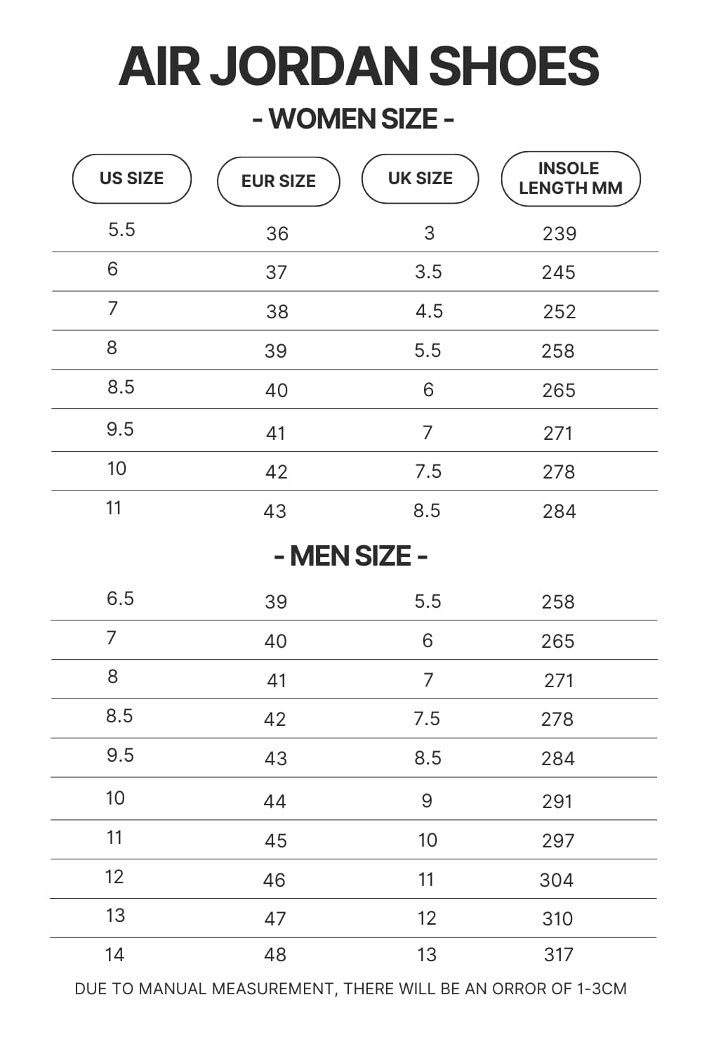 Air Jordan Shoes Size Chart - Chainsaw Man Merchandise