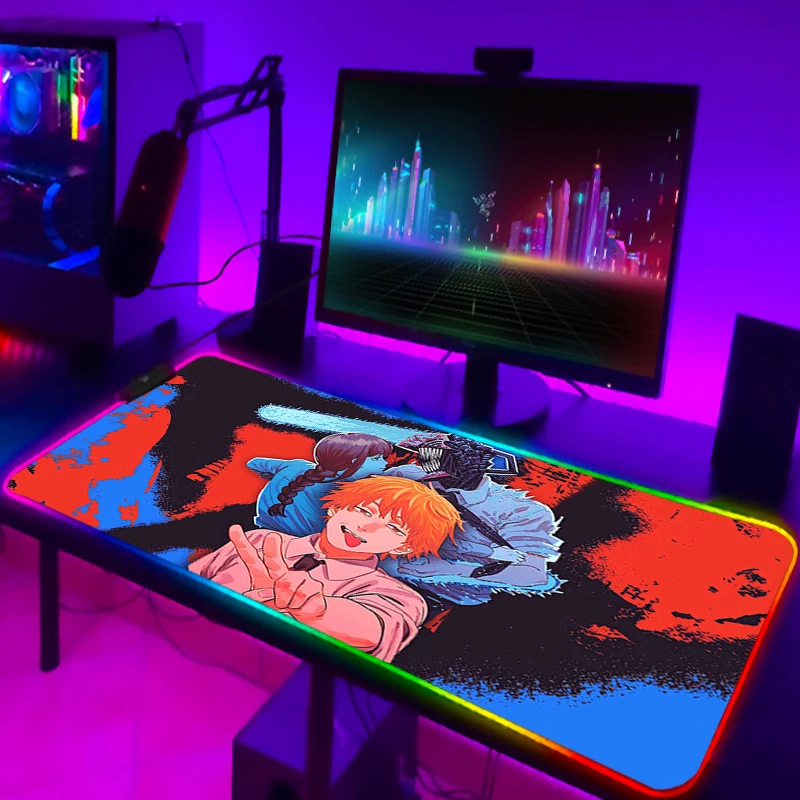 Chainsaw Man Gamer LED Mouse Pad Xxl Keyboard Mat Pc Accessories Deskmat Desk Protector Gaming RGB 19 - Chainsaw Man Merchandise