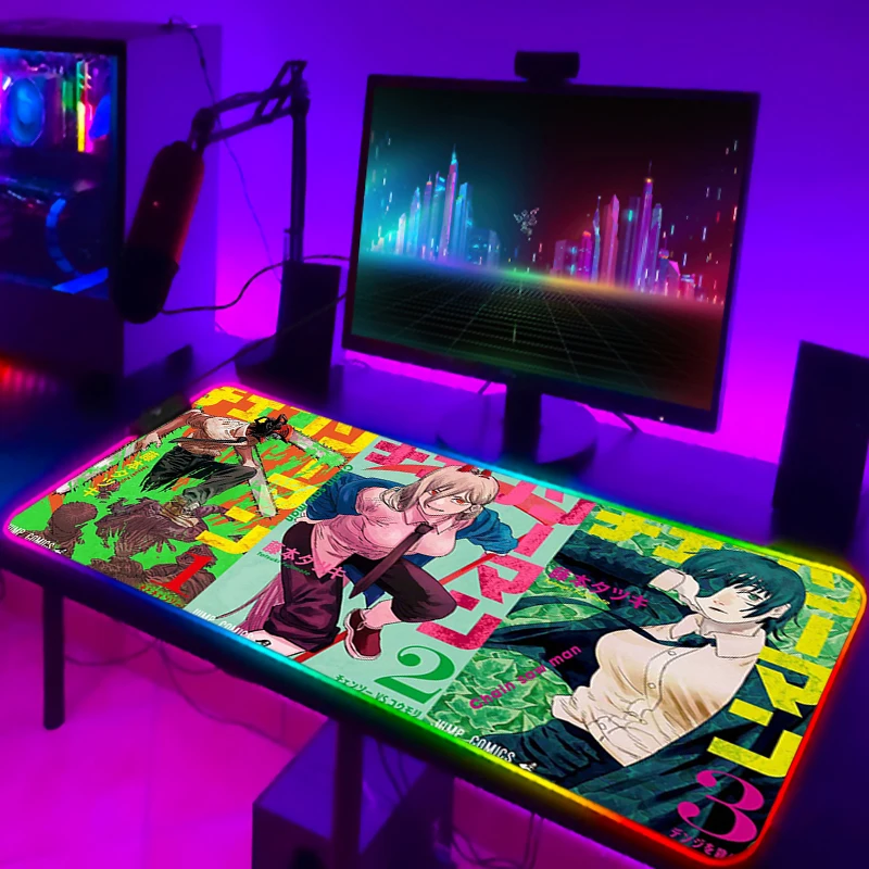 Chainsaw Man Gamer LED Mouse Pad Xxl Keyboard Mat Pc Accessories Deskmat Desk Protector Gaming RGB 7 - Chainsaw Man Merchandise