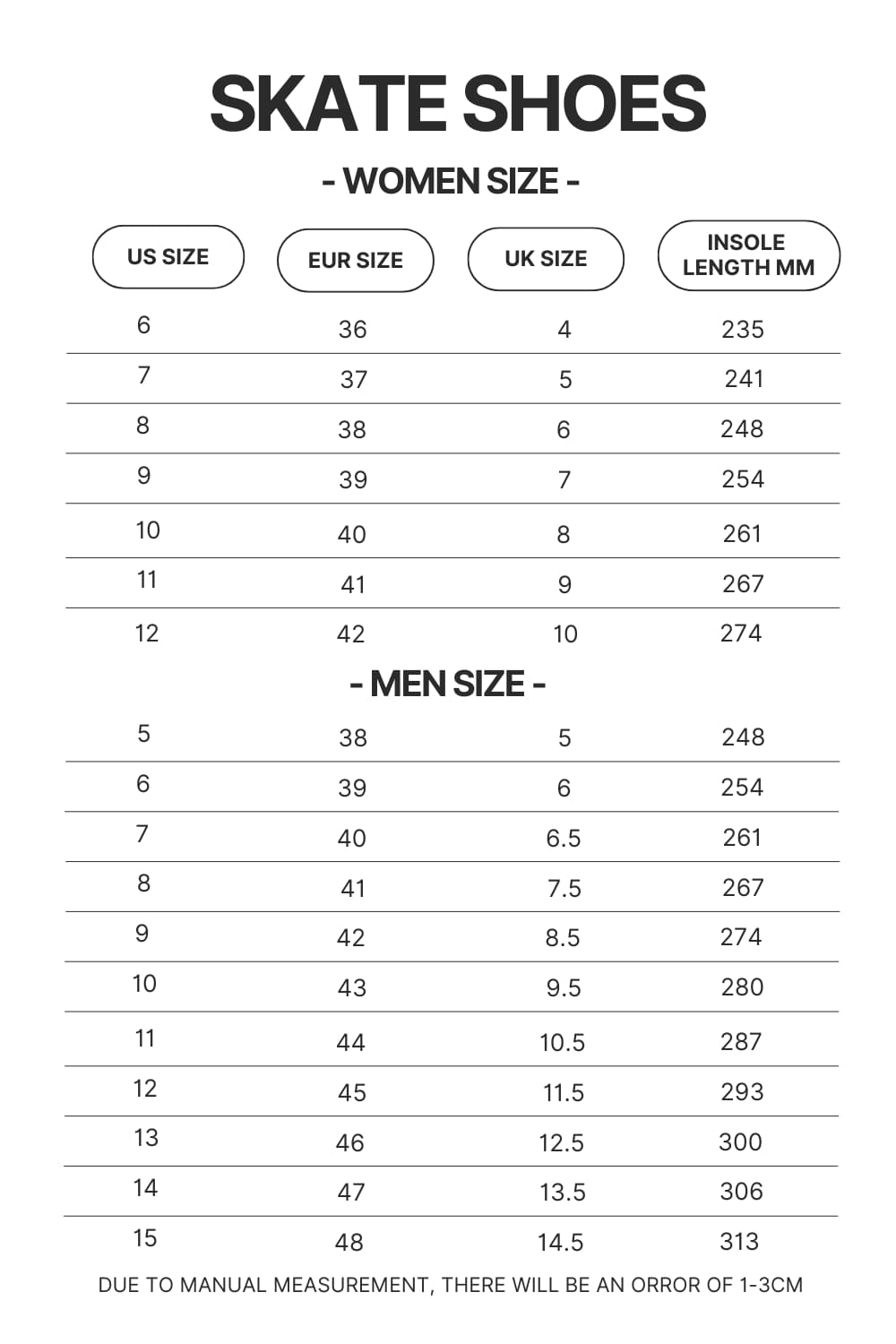 Skate Shoes Size Chart - Chainsaw Man Merchandise